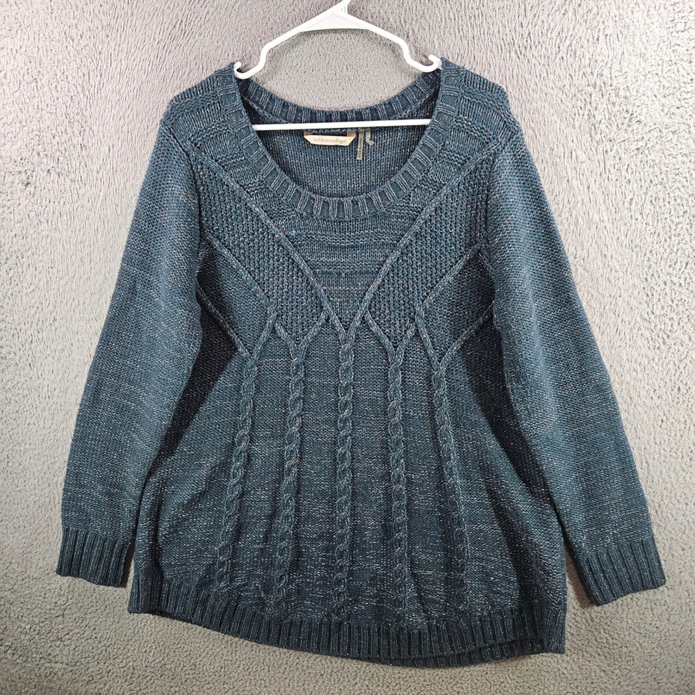 Soft Surroundings Womens XL Teal Blue Metallic Cable Knit Wool Blend Sweater